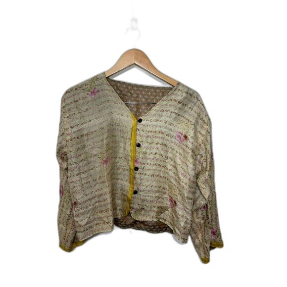 Vintage Blouse Women's Medium Brown Blue Green Silk Reversible Top Button Front - Picture 1 of 8